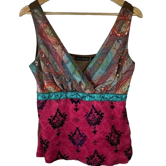 Jenni n Jess Babydoll Sleeveless Paisley Damask Mixed Fabric Print Boho Blouse - Picture 1 of 7